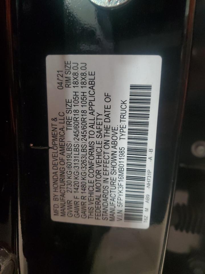 2021 Honda Ridgeline VIN 5FPYK3F16MB011985 Copart auction photo, front end / mechanical damage thumbnail 12
