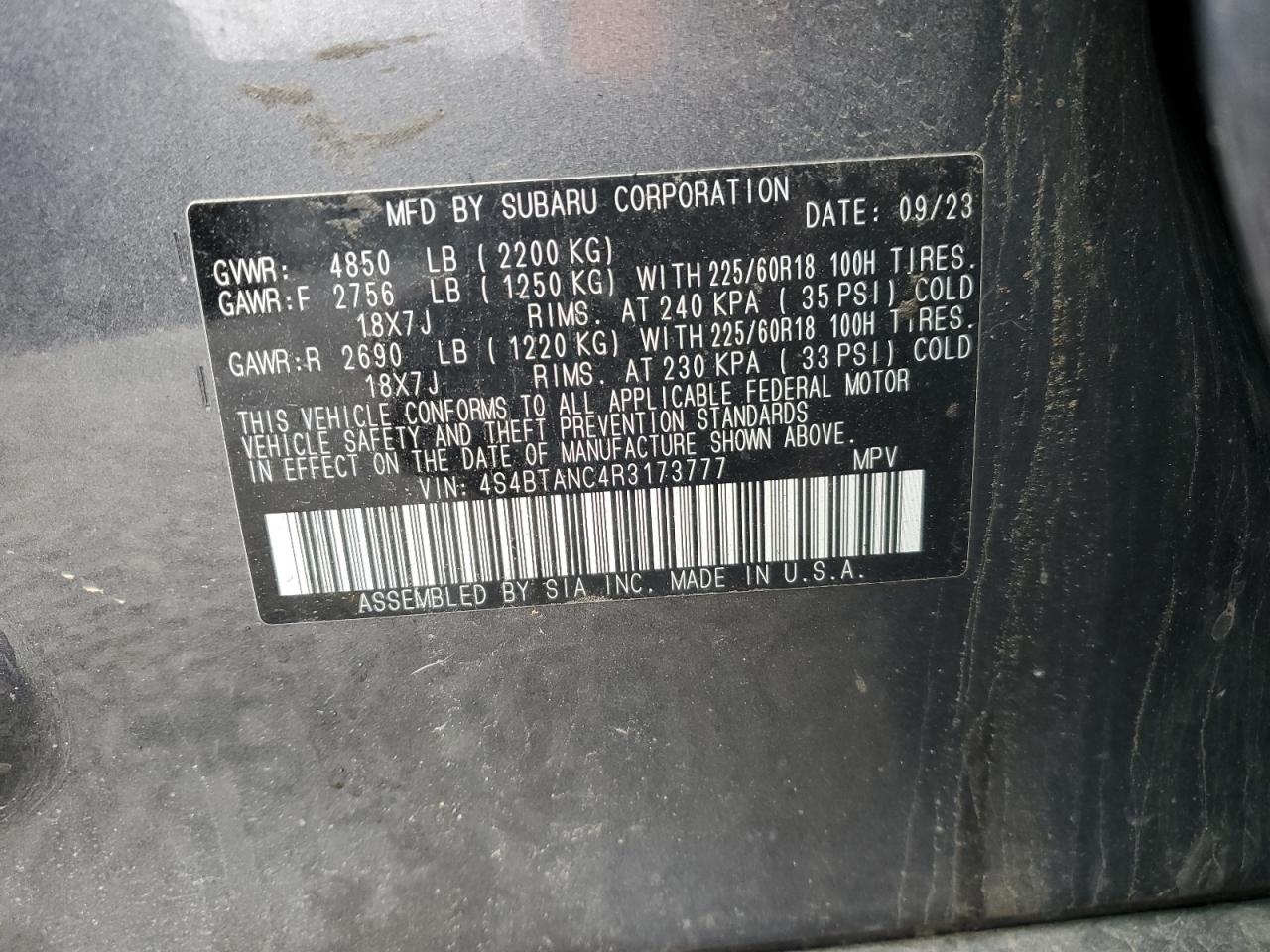 2024 Subaru Outback VIN 4S4BTANC4R3173777 Copart auction photo, front end / rear end damage thumbnail 12