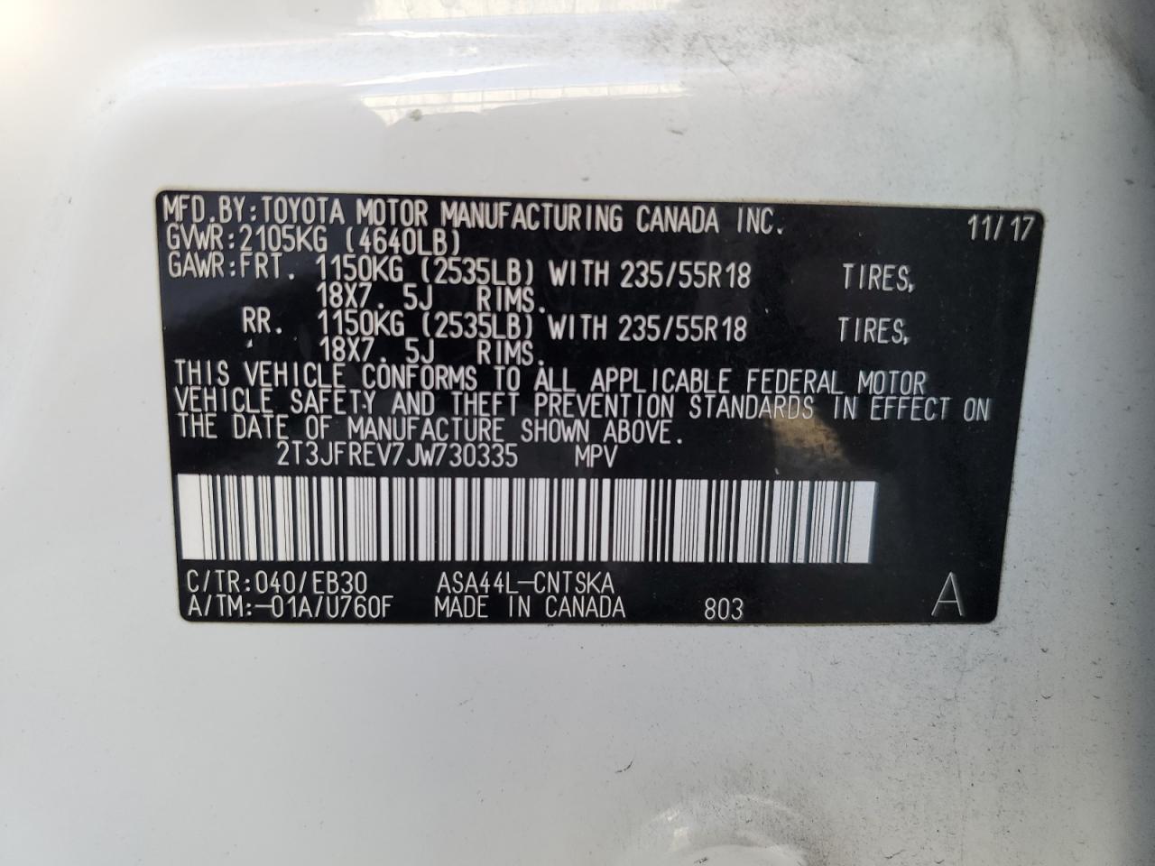 2018 Toyota RAV 4 VIN 2T3JFREV7JW730335 Copart auction photo, front end / rear end damage thumbnail 15