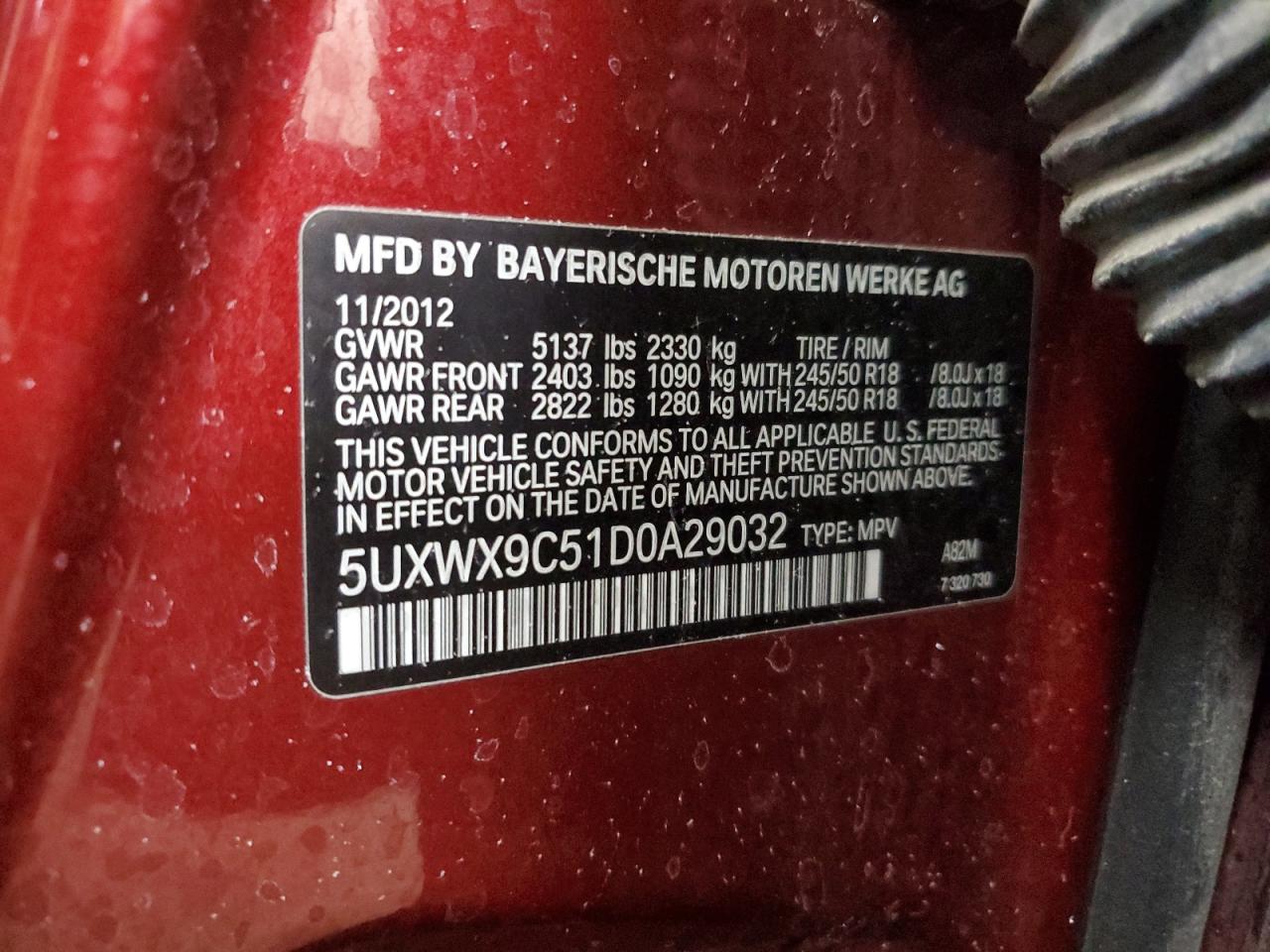 2013 BMW X3 VIN 5UXWX9C51D0A29032 Copart auction photo, front end damage thumbnail 13
