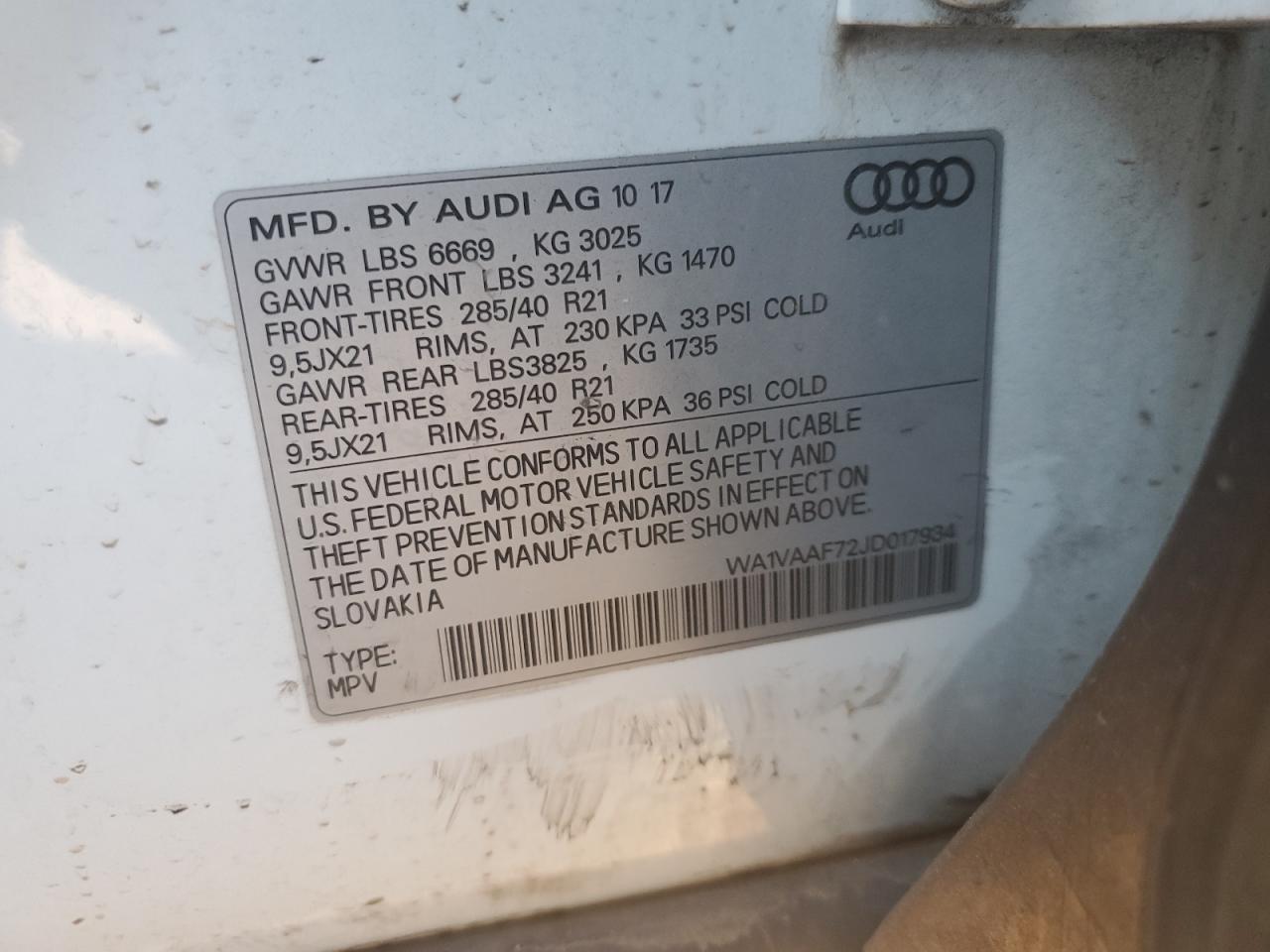 2018 Audi Q7 VIN WA1VAAF72JD017934 Copart auction photo, side / front end damage thumbnail 15