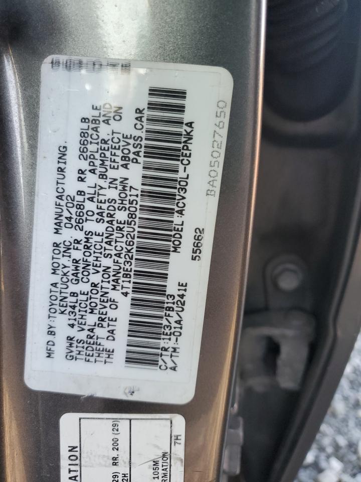 2002 Toyota Camry VIN 4T1BE32K62U580517 Copart auction photo, front end damage thumbnail 14