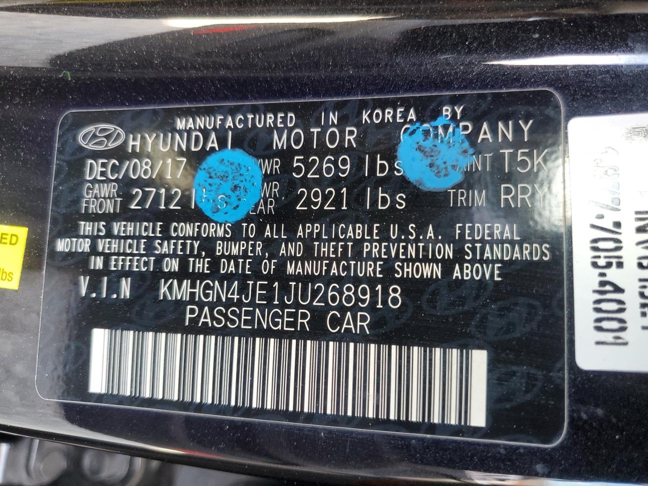 2018 Genesis G80 VIN KMHGN4JE1JU268918 Copart auction photo, front end / side damage thumbnail 15