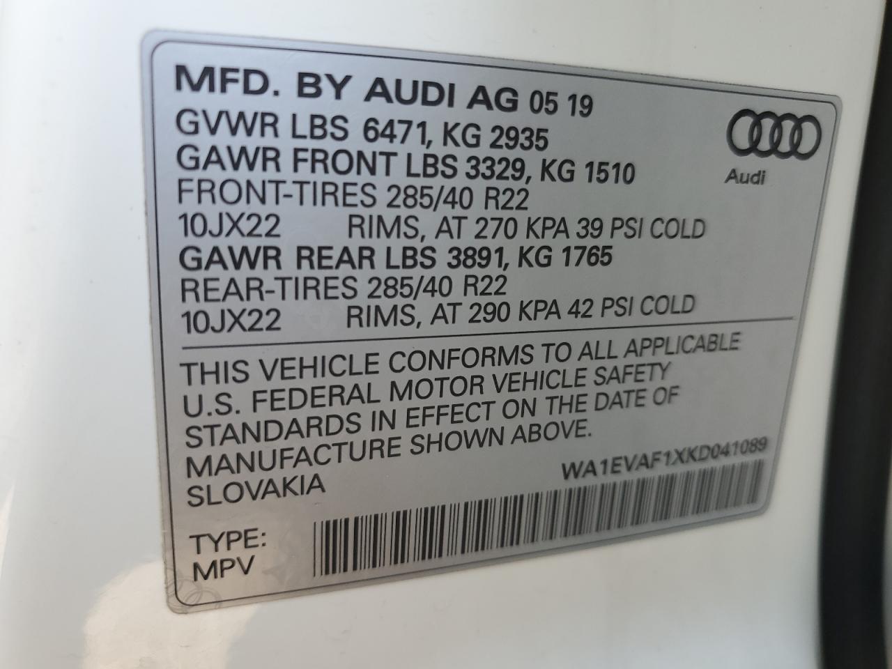 2019 Audi Q8 VIN WA1EVAF1XKD041089 Copart auction photo, rear end / side damage thumbnail 13