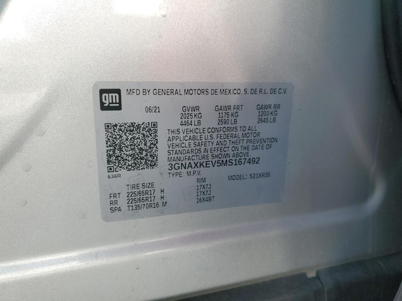 2021 Chevrolet Equinox VIN 3GNAXKEV5MS167492 Copart auction photo, front end damage thumbnail 14