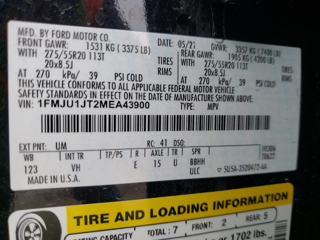 2021 Ford Expedition VIN 1FMJU1JT2MEA43900 Copart auction photo, all over damage thumbnail 14