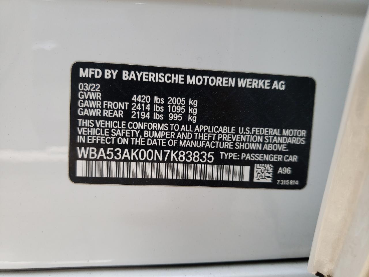 2022 BMW 2er VIN WBA53AK00N7K83835 Copart auction photo, side damage thumbnail 12