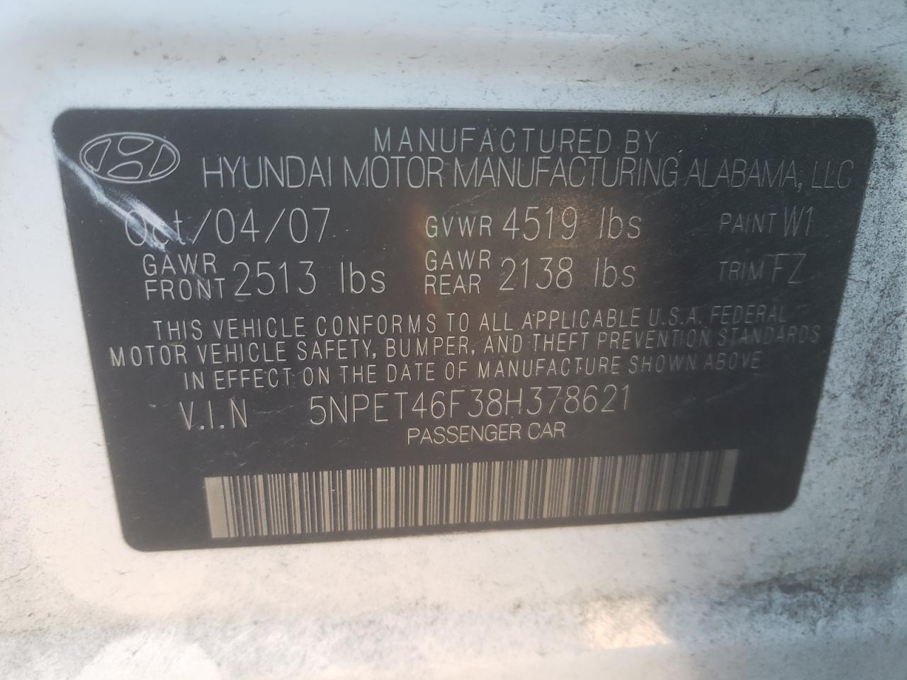 2008 Hyundai Sonata VIN 5NPET46F38H378621 Copart auction photo, mechanical damage thumbnail 12