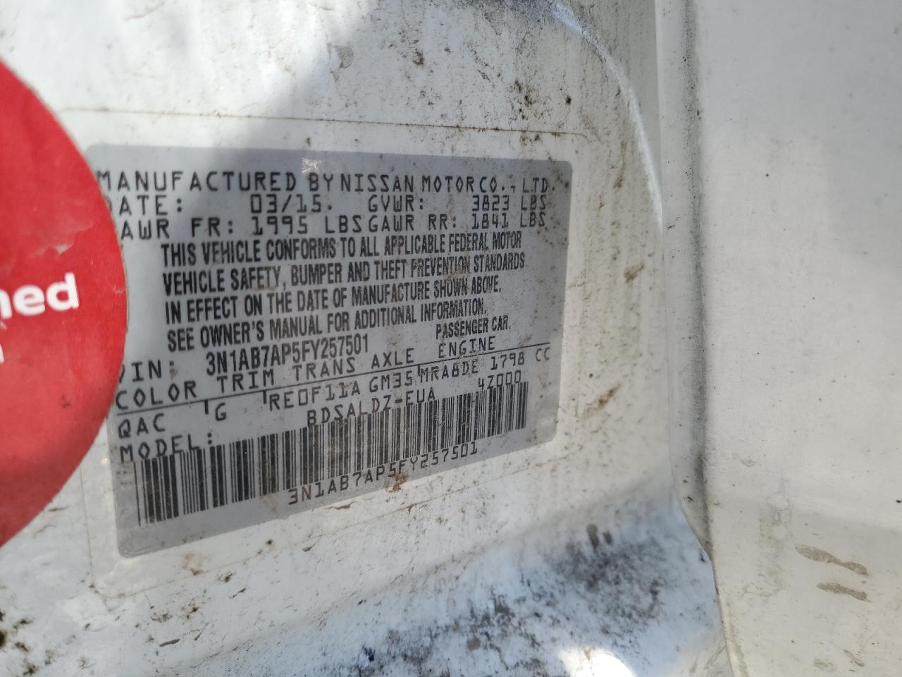 2015 Nissan Sentra VIN 3N1AB7AP5FY257501 Copart auction photo, front end / side damage thumbnail 14
