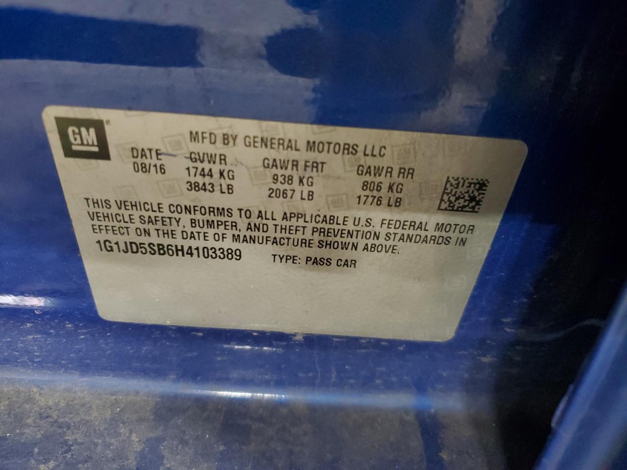 2017 Chevrolet Sonic VIN 1G1JD5SB6H4103389 Copart auction photo, front end damage thumbnail 12