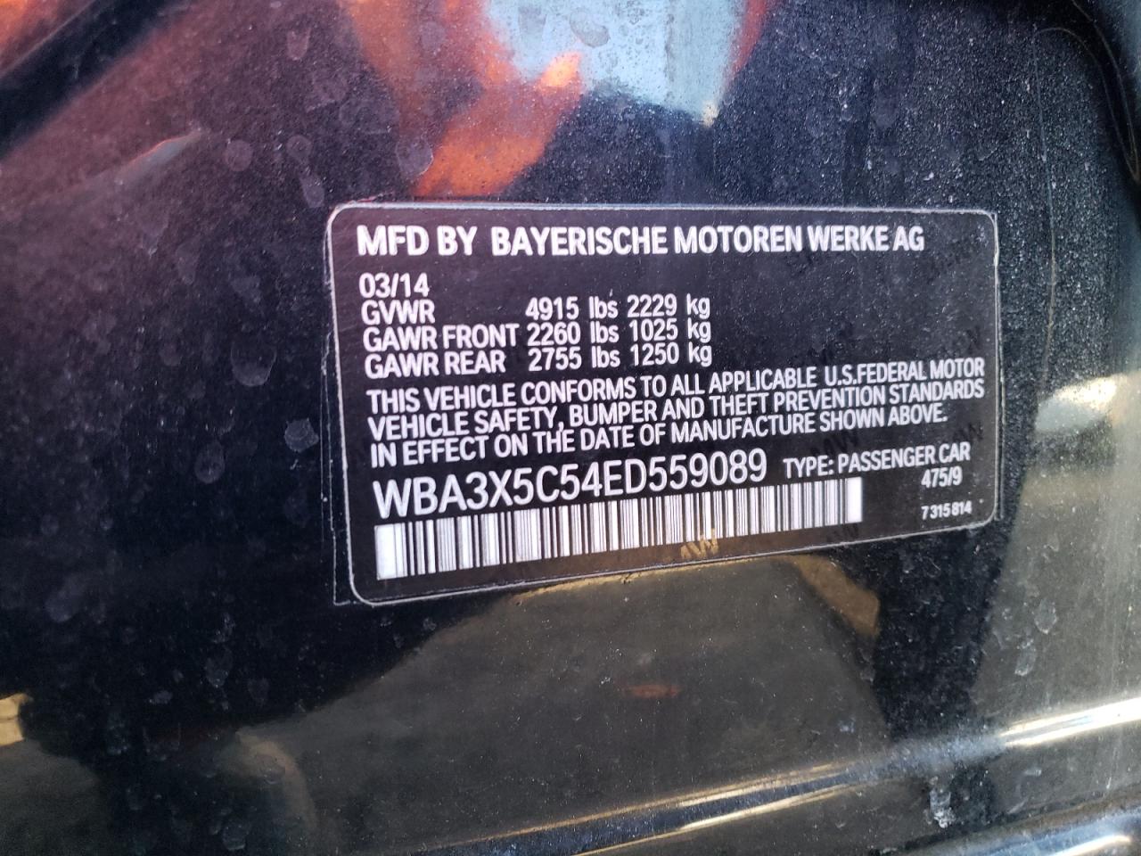 2014 BMW 3er VIN WBA3X5C54ED559089 Copart auction photo, front end damage thumbnail 12