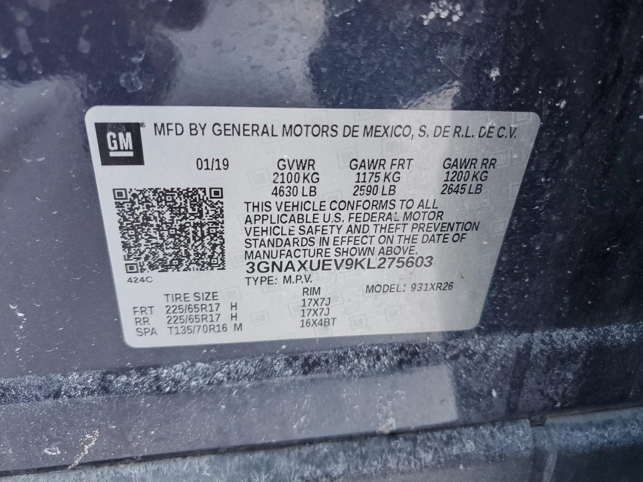 2019 Chevrolet Equinox VIN 3GNAXUEV9KL275603 Copart auction photo, front end damage thumbnail 14