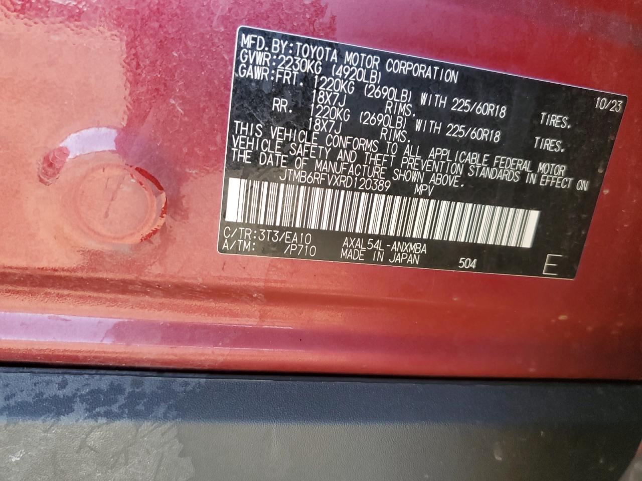 2024 Toyota RAV 4 VIN JTMB6RFVXRD120389 Copart auction photo, rear end damage thumbnail 13