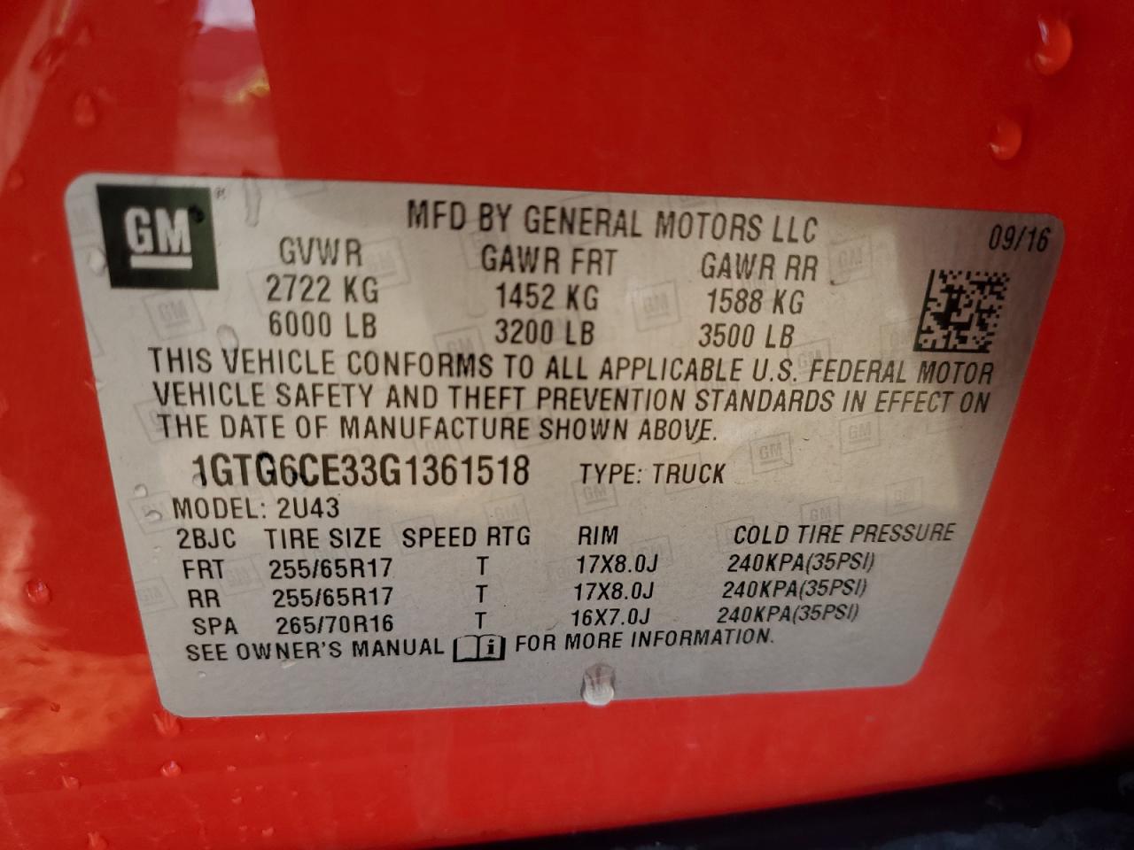 2016 GMC Canyon VIN 1GTG6CE33G1361518 Copart auction photo, all over damage thumbnail 12