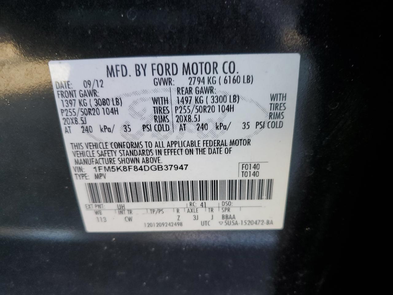 2013 Ford Explorer VIN 1FM5K8F84DGB37947 Copart auction photo, top/roof damage thumbnail 13