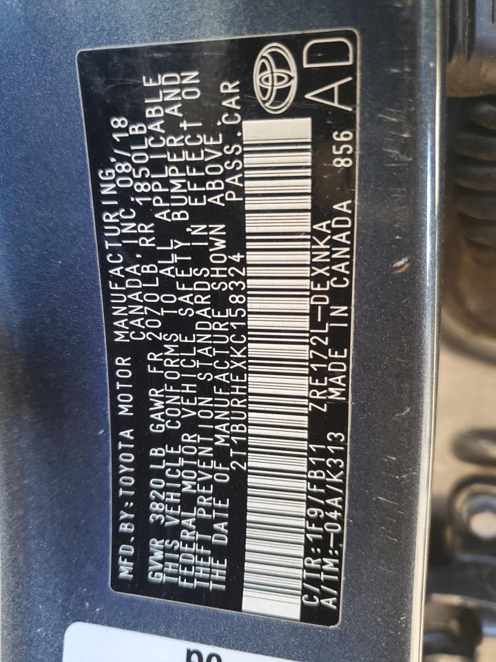 2019 Toyota Corolla VIN 2T1BURHEXKC158324 Copart auction photo, front end / all over damage thumbnail 15