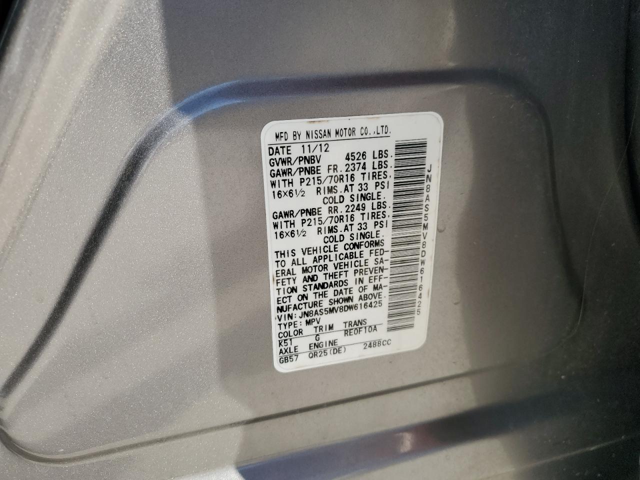 2013 Nissan Rogue VIN JN8AS5MV8DW616425 Copart auction photo, side / front end damage thumbnail 13