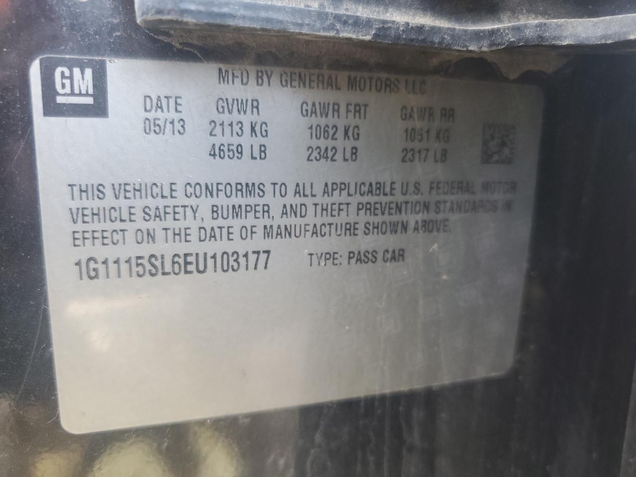 2014 Chevrolet Impala VIN 1G1115SL6EU103177 Copart auction photo, front end / minor dent/scratches damage thumbnail 13
