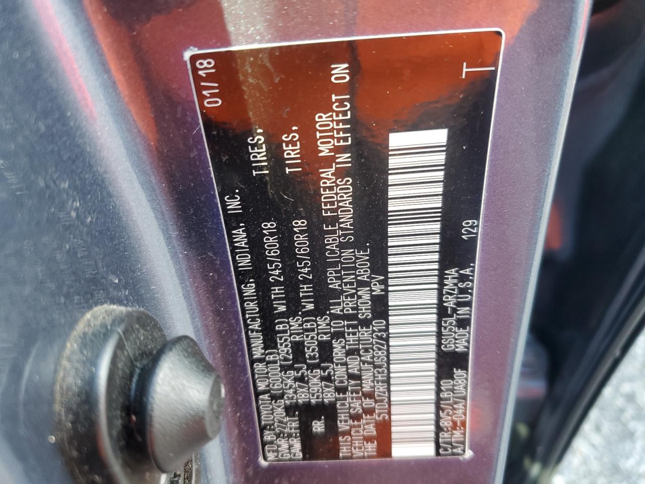 2018 Toyota Highlander VIN 5TDJZRFH3JS827310 Copart auction photo, front end / side damage thumbnail 14