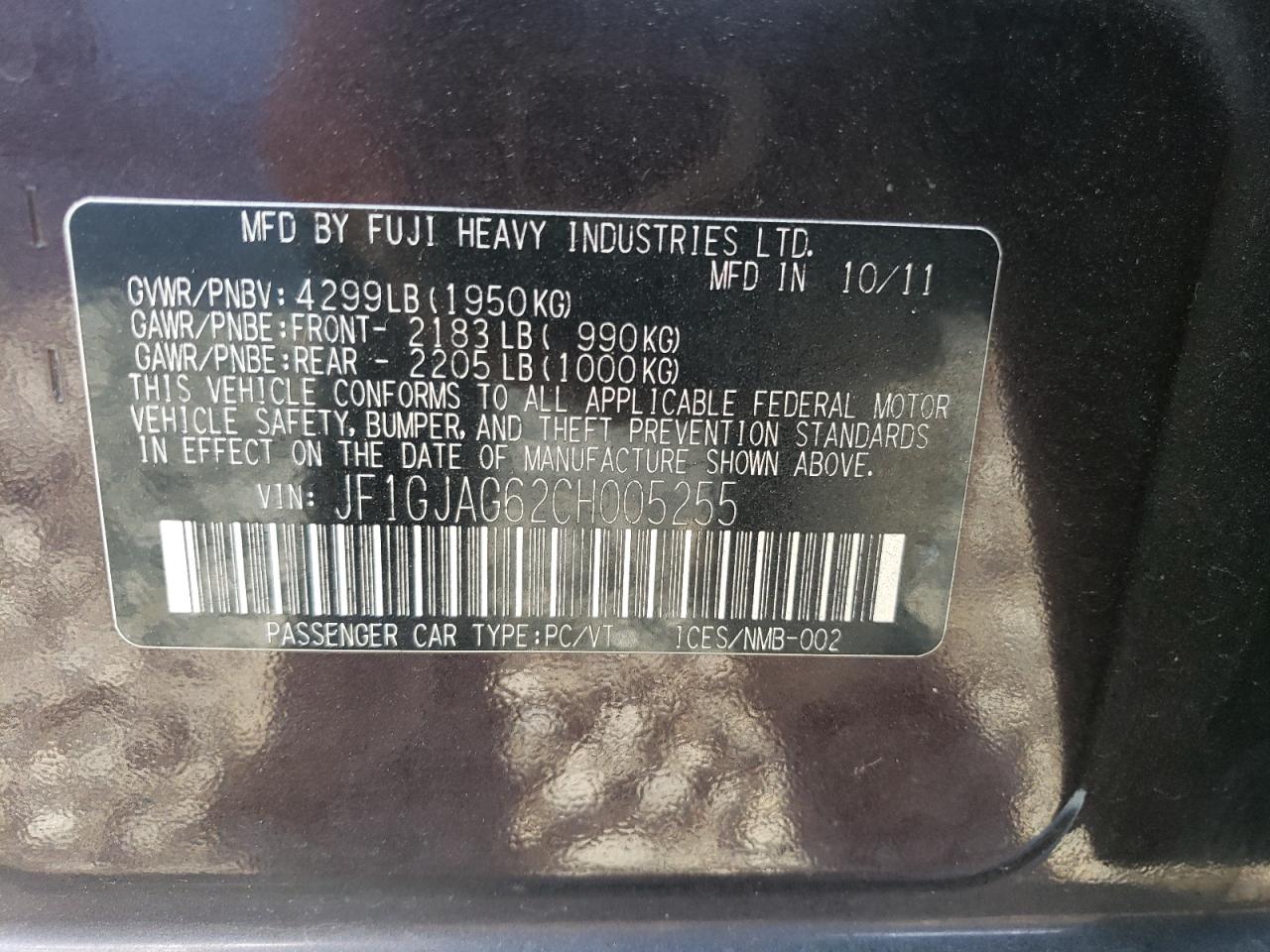 2012 Subaru Impreza VIN JF1GJAG62CH005255 Copart auction photo, front end / side damage thumbnail 13