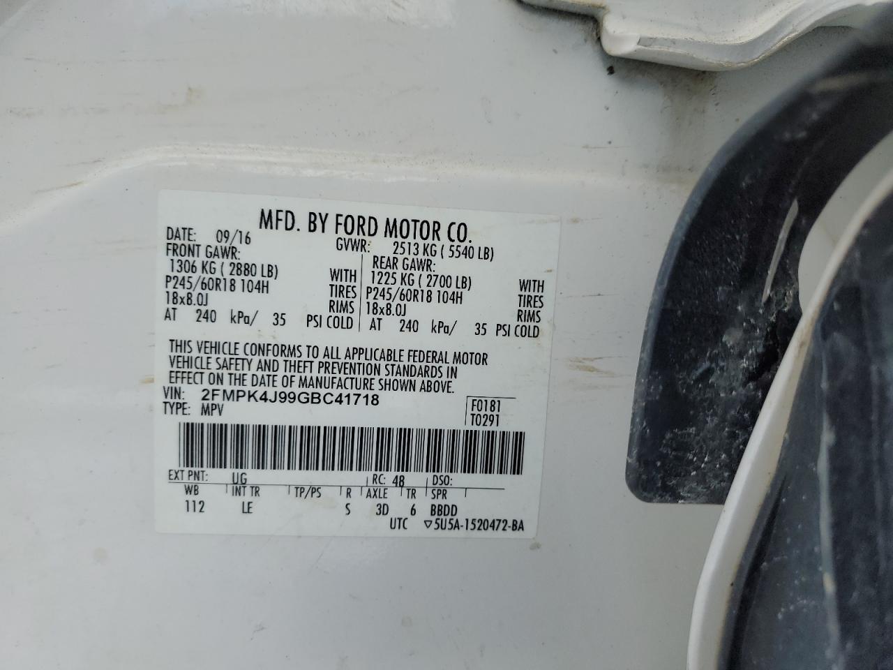 2016 Ford Edge VIN 2FMPK4J99GBC41718 Copart auction photo, side / minor dent/scratches damage thumbnail 13