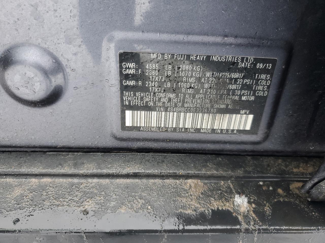 2014 Subaru Outback VIN 4S4BRBCC0E3236780 Copart auction photo, side / rear end damage thumbnail 13
