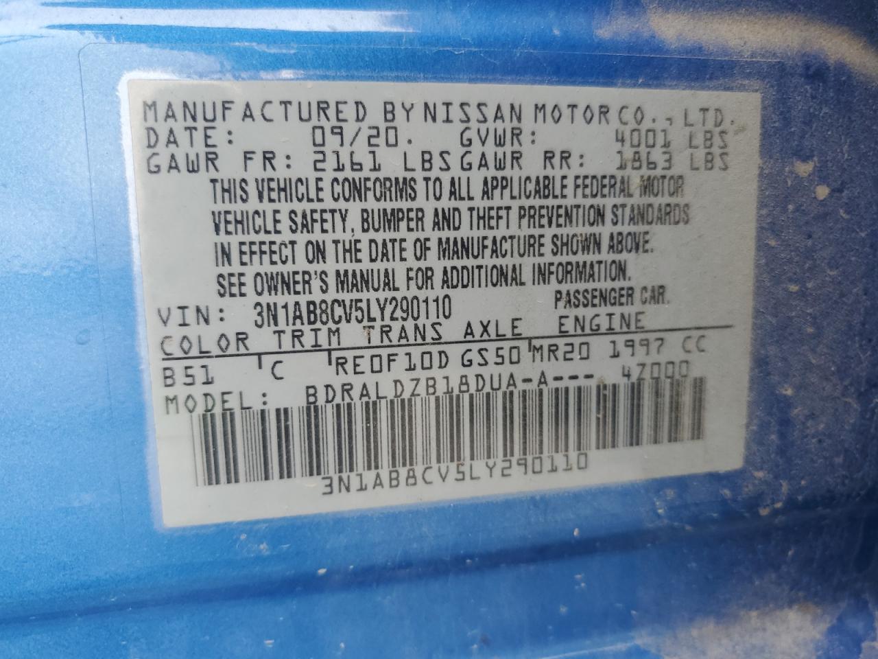 2020 Nissan Sentra VIN 3N1AB8CV5LY290110 Copart auction photo, front end / minor dent/scratches damage thumbnail 14