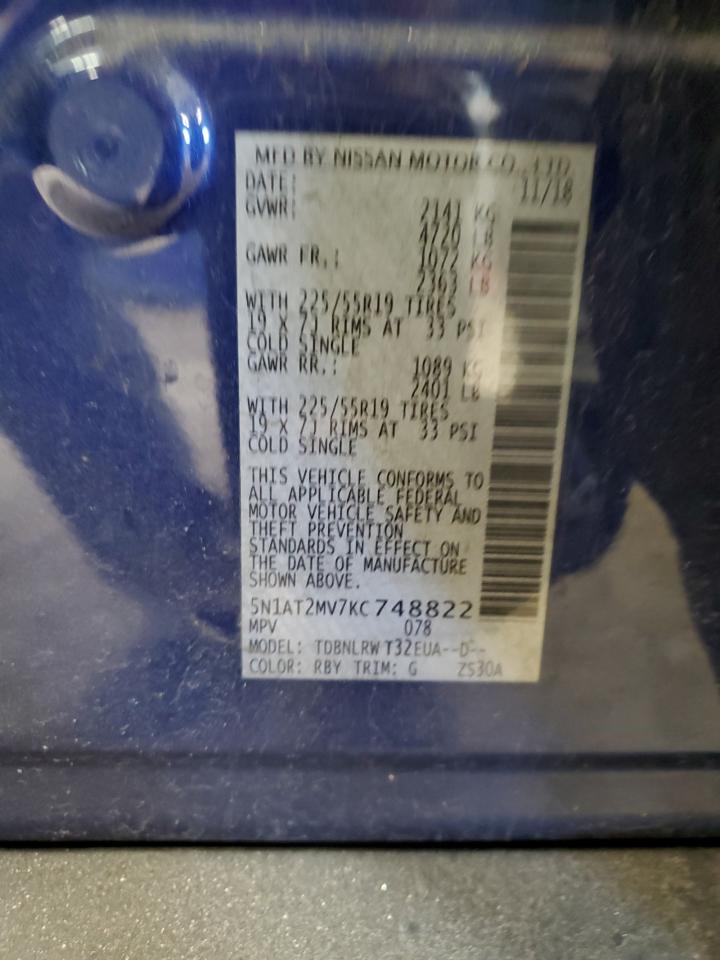 2019 Nissan Rogue VIN 5N1AT2MV7KC748822 Copart auction photo, front end / minor dent/scratches damage thumbnail 13