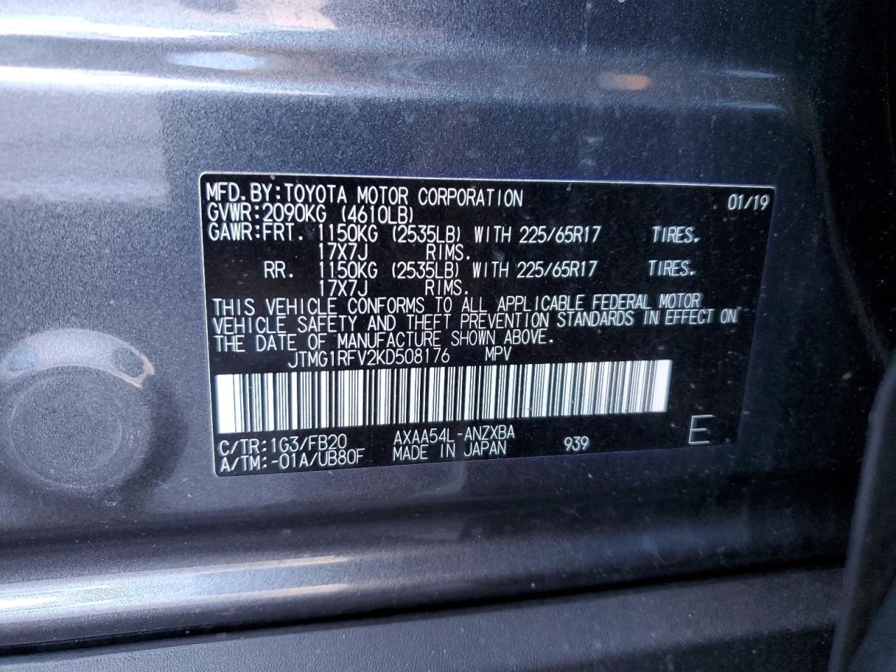 2019 Toyota RAV 4 VIN JTMG1RFV2KD508176 Copart auction photo, rear end damage thumbnail 13