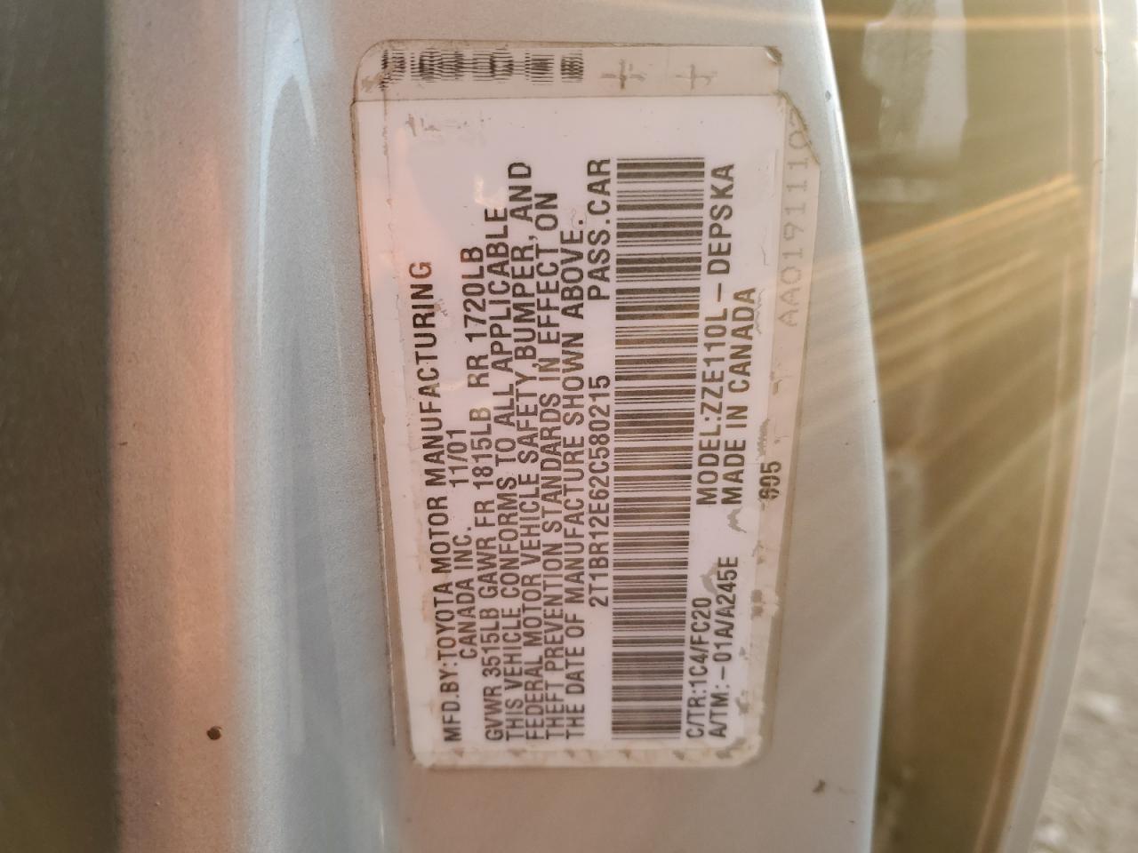 2002 Toyota Corolla VIN 2T1BR12E62C580215 Copart auction photo, front end damage thumbnail 12