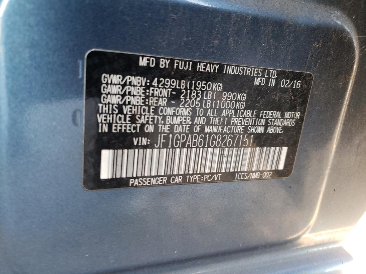 2016 Subaru Impreza VIN JF1GPAB61G8267151 Copart auction photo, front end damage thumbnail 12