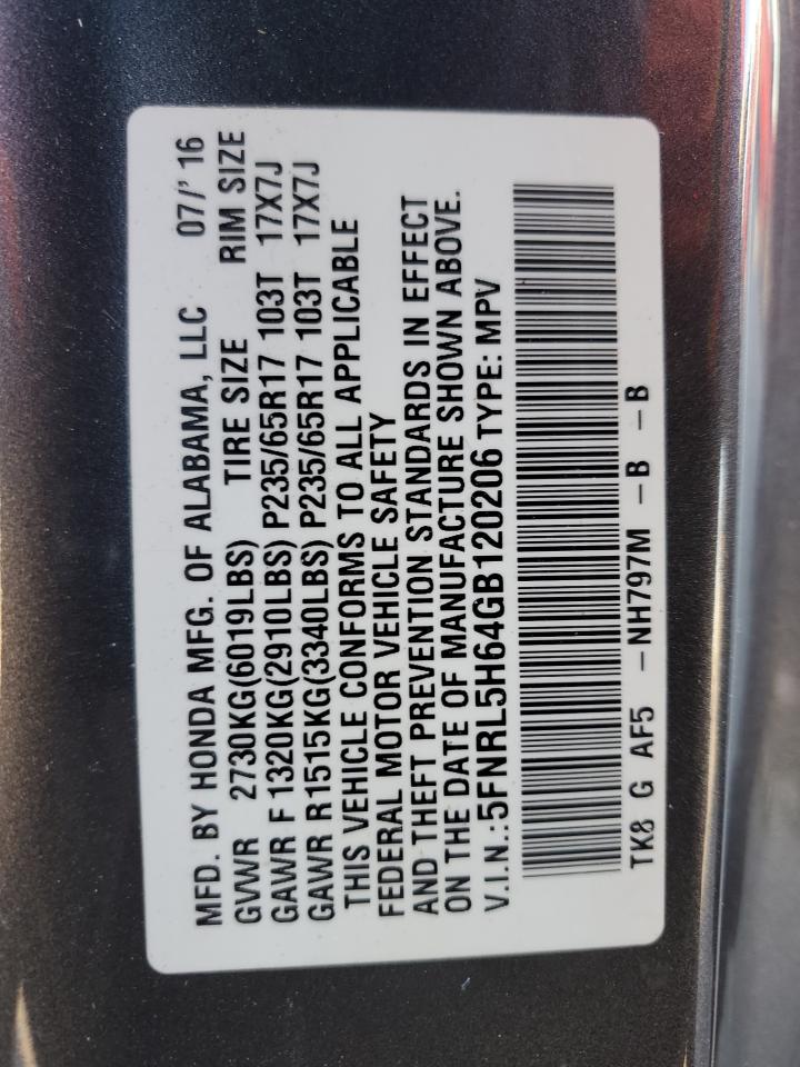 2017 Honda Odyssey VIN 5FNRL5H64GB120206 Copart auction photo, side / rear end damage thumbnail 13