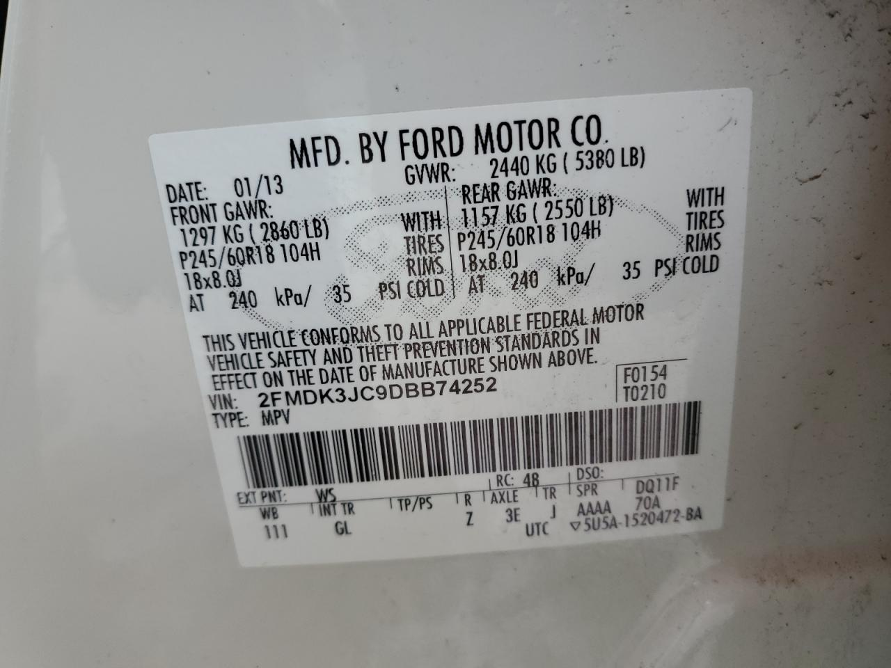 2013 Ford Edge VIN 2FMDK3JC9DBB74252 Copart auction photo, side damage thumbnail 13