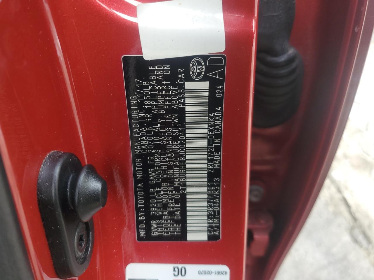 2018 Toyota Corolla VIN 2T1BURHE8JC020411 Copart auction photo, rear end damage thumbnail 12