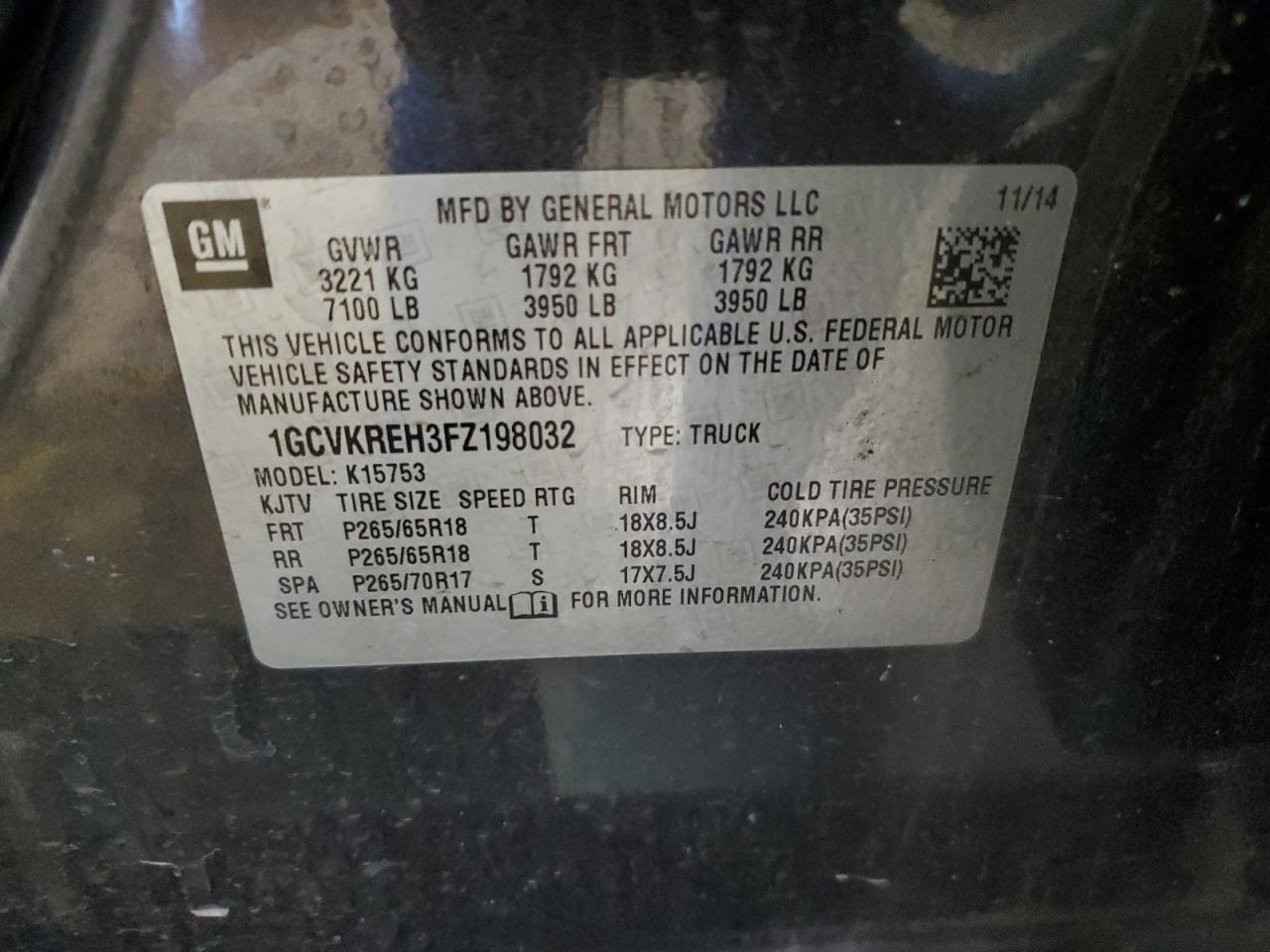 2015 Chevrolet Silverado VIN 1GCVKREH3FZ198032 Copart auction photo, front end / mechanical damage thumbnail 14