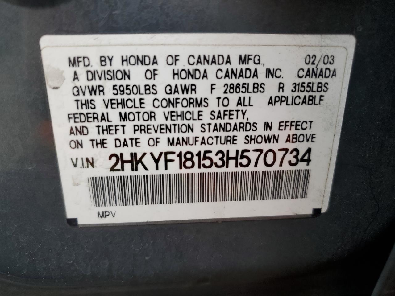 2003 Honda Pilot VIN 2HKYF18153H570734 Copart auction photo, rear end damage thumbnail 15