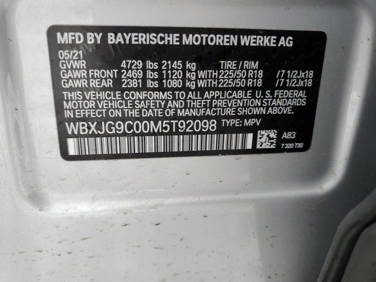 2021 BMW X1 VIN WBXJG9C00M5T92098 Copart auction photo, mechanical damage thumbnail 13