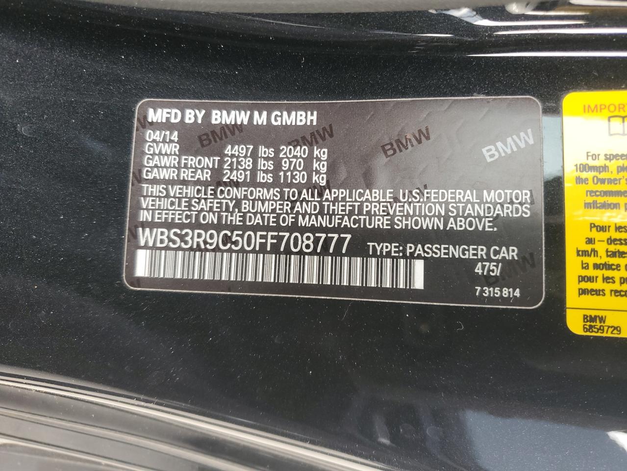 2015 BMW M4 VIN WBS3R9C50FF708777 Copart auction photo, front end / mechanical damage thumbnail 14
