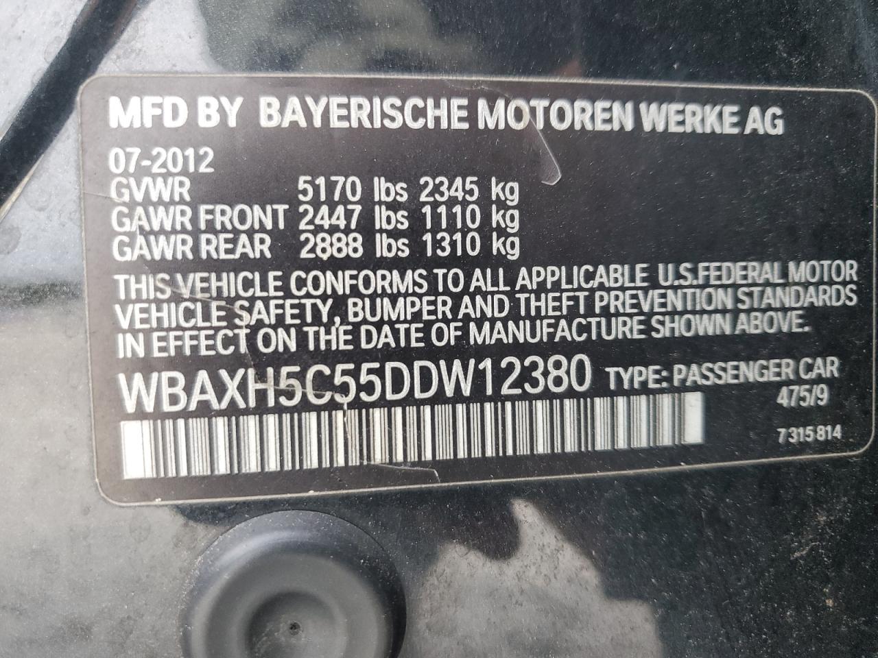 2013 BMW 5er VIN WBAXH5C55DDW12380 Copart auction photo, all over damage thumbnail 12