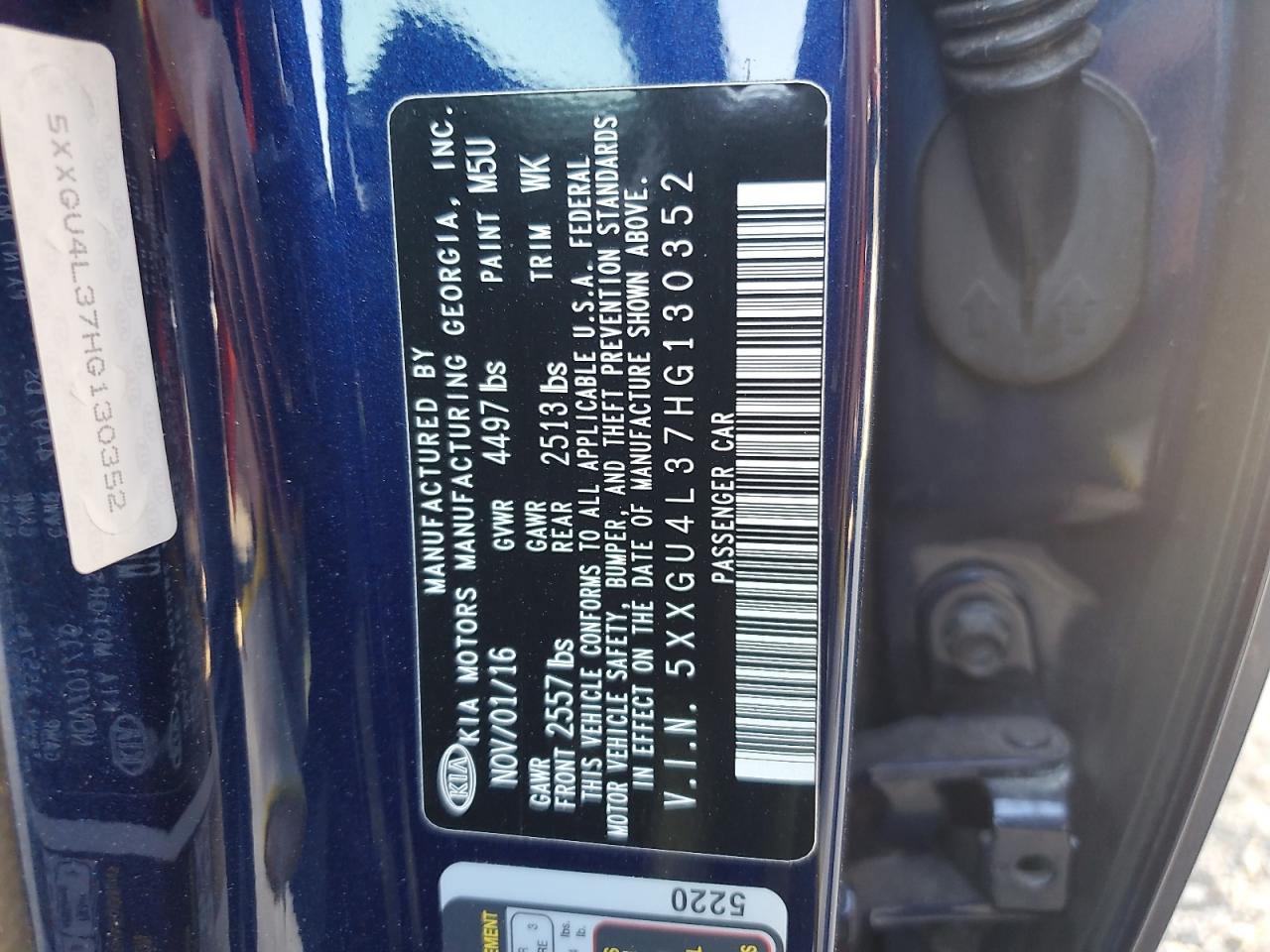 2017 KIA Optima VIN 5XXGU4L37HG130352 Copart auction photo, front end damage thumbnail 12