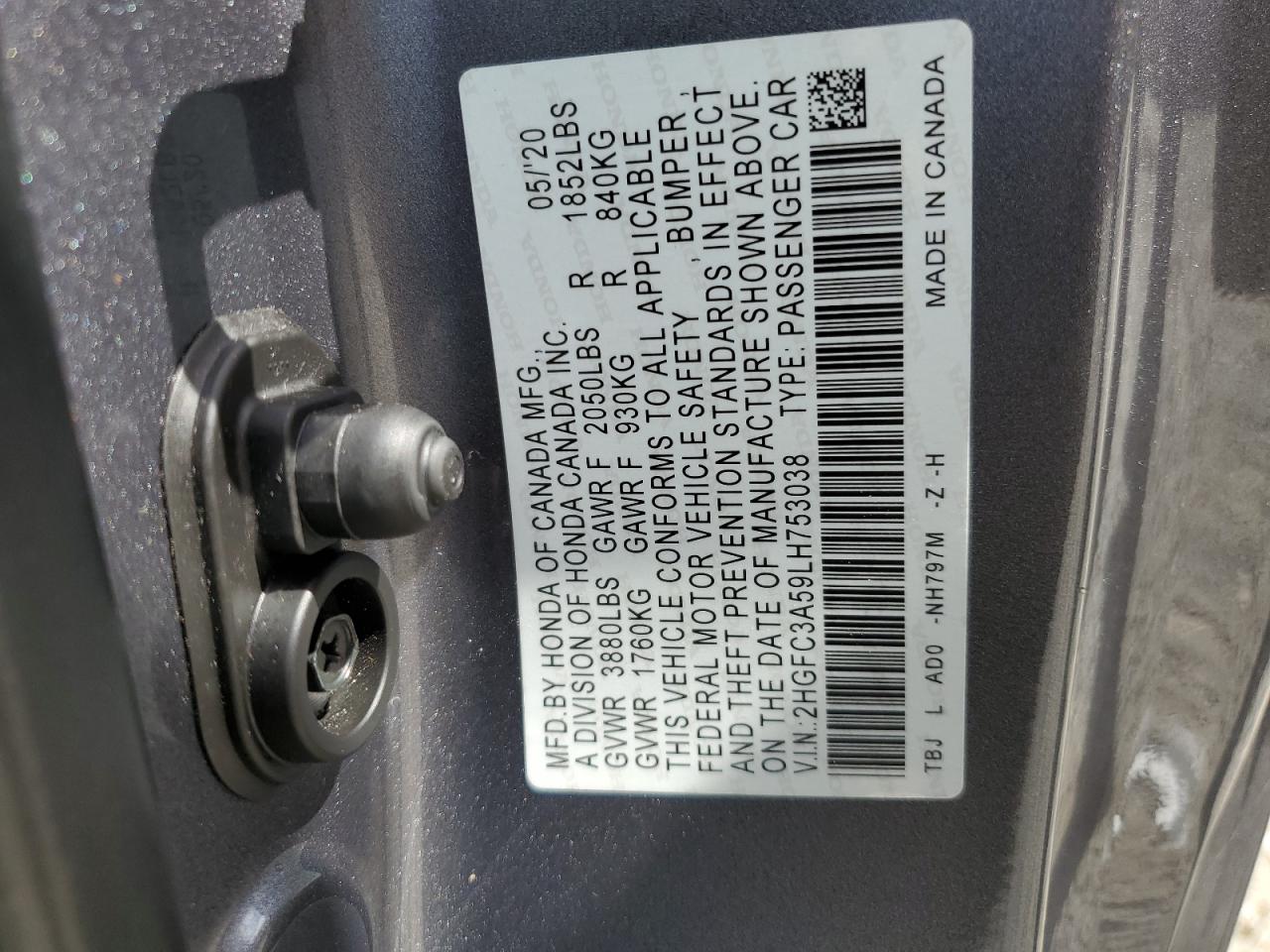 2020 Honda Civic VIN 2HGFC3A59LH753038 Copart auction photo, front end / rear end damage thumbnail 14