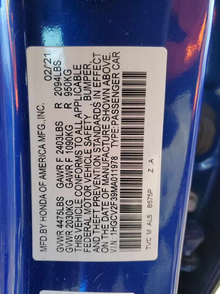 2021 Honda Accord VIN 1HGCV2F39MA011978 Copart auction photo, front end damage thumbnail 14