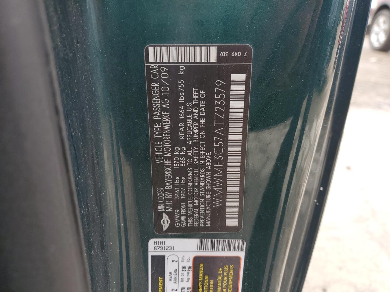 2010 MINI Cooper VIN WMWMF3C57ATZ23579 Copart auction photo, rear end damage thumbnail 12