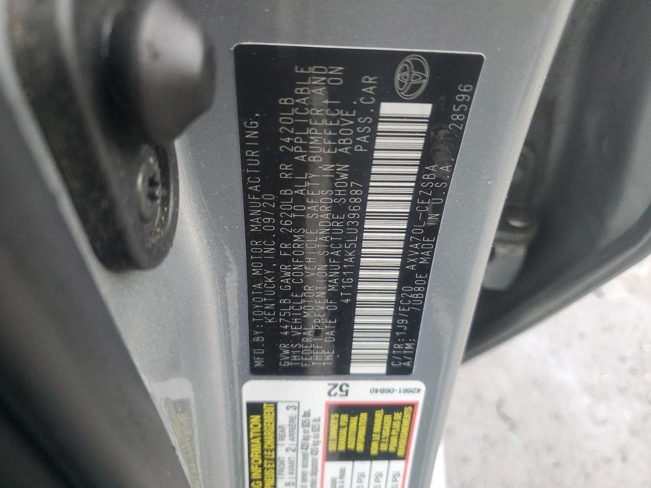 2020 Toyota Camry VIN 4T1G11AK5LU396887 Copart auction photo, front end damage thumbnail 14