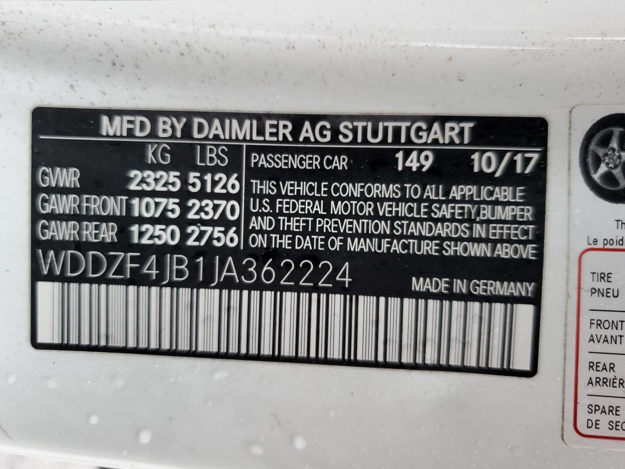 2018 Mercedes-Benz E-klasse VIN WDDZF4JB1JA362224 Copart auction photo, water/flood / mechanical damage thumbnail 12