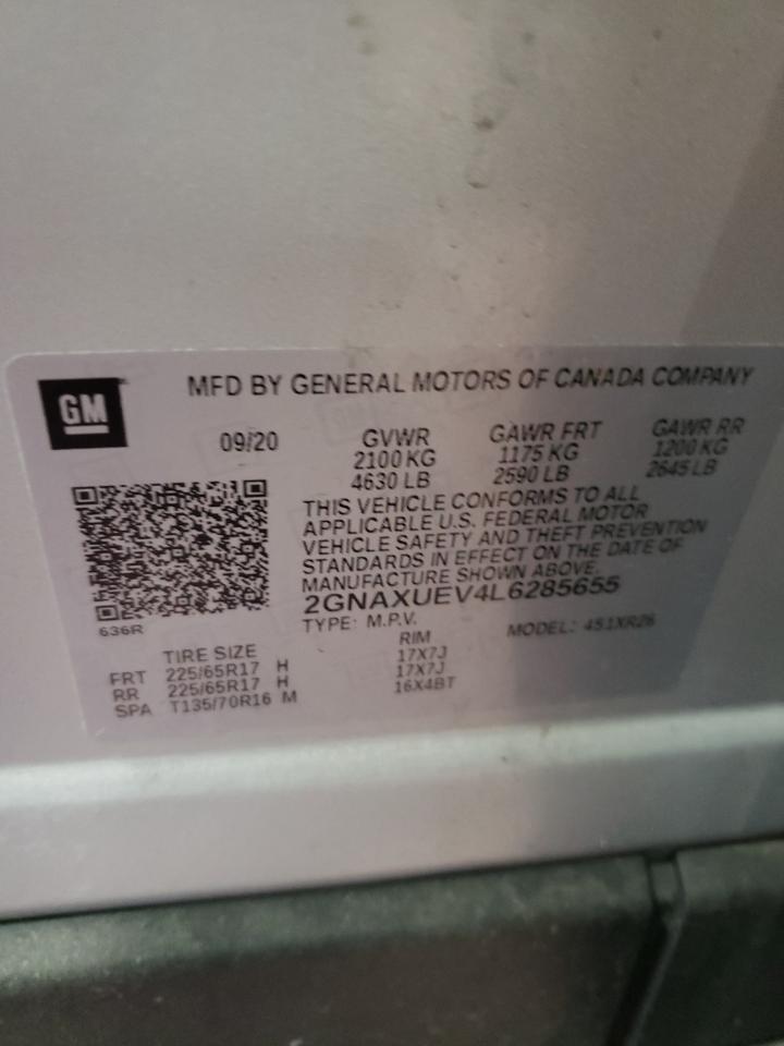 2020 Chevrolet Equinox VIN 2GNAXUEV4L6285655 Copart auction photo, front end / undercarriage damage thumbnail 13