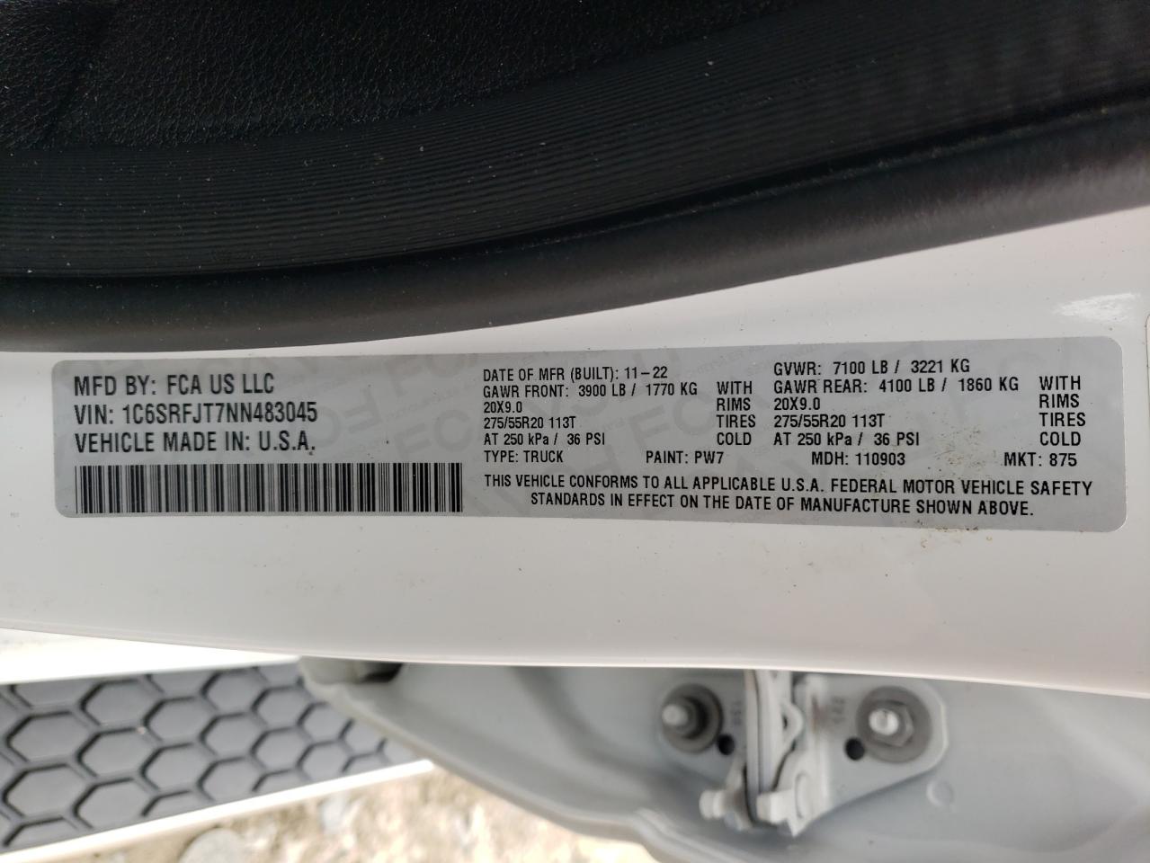 2022 RAM 1500 VIN 1C6SRFJT7NN483045 Copart auction photo, all over / undercarriage damage thumbnail 14