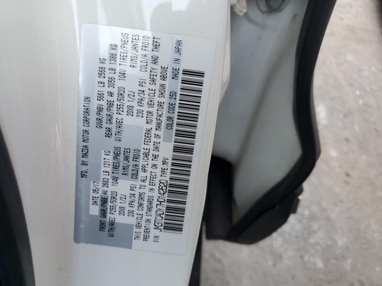 2017 Mazda CX-9 VIN JM3TCADY7H0142620 Copart auction photo, front end / rear end damage thumbnail 13