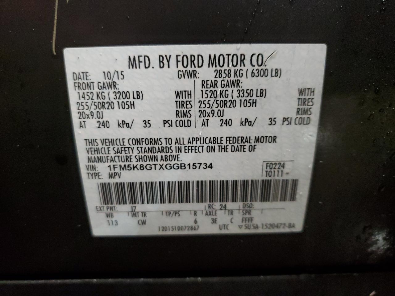 2016 Ford Explorer VIN 1FM5K8GTXGGB15734 Copart auction photo, rear end / side damage thumbnail 14