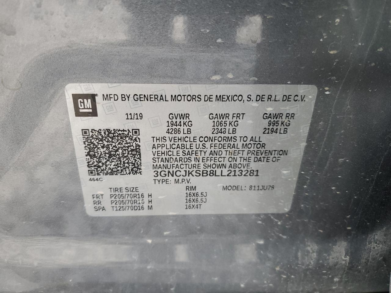 2020 Chevrolet Trax VIN 3GNCJKSB8LL213281 Copart auction photo, water/flood damage thumbnail 13
